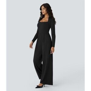 Halara Long Sleeve Pocket Wide Leg Jumpsuit-Easy Peezy Black Size Medium